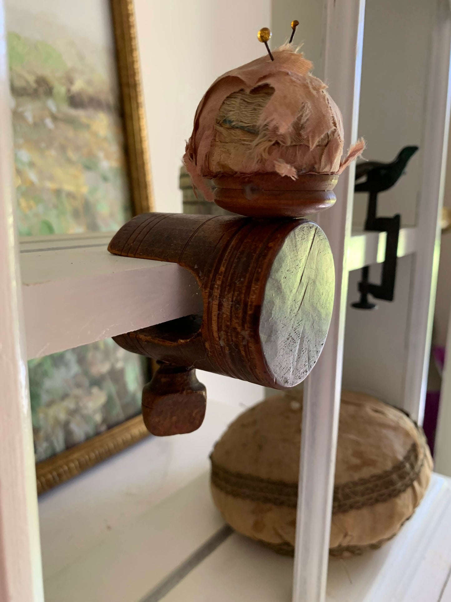 Antique Wood & Silk Sewing Clamp