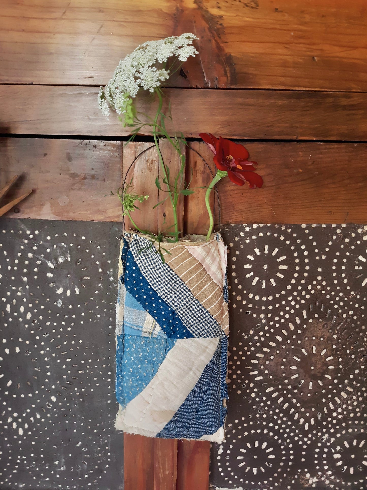 Antique Quilt Ditty Bag with Wire Handle #2