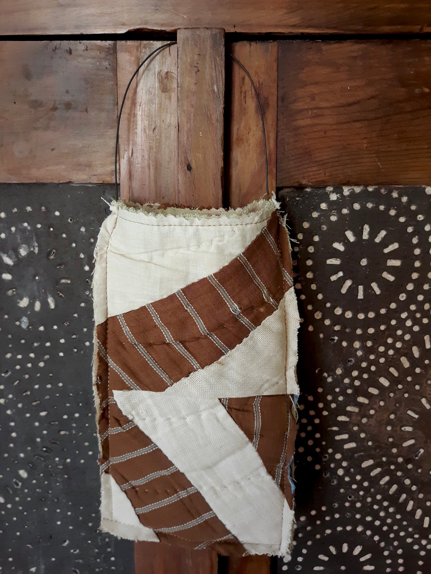 Antique Quilt Ditty Bag with Wire Handle