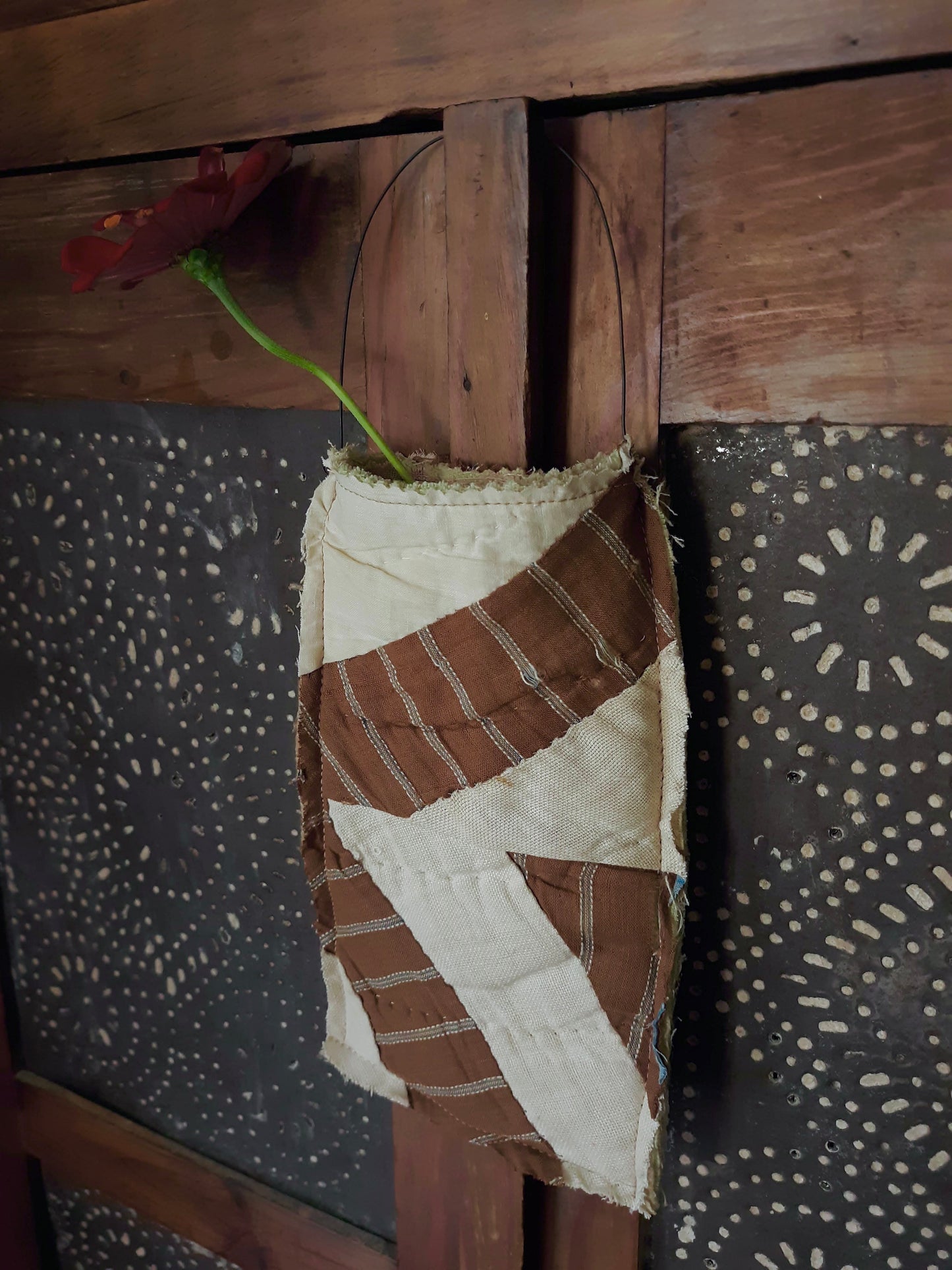 Antique Quilt Ditty Bag with Wire Handle