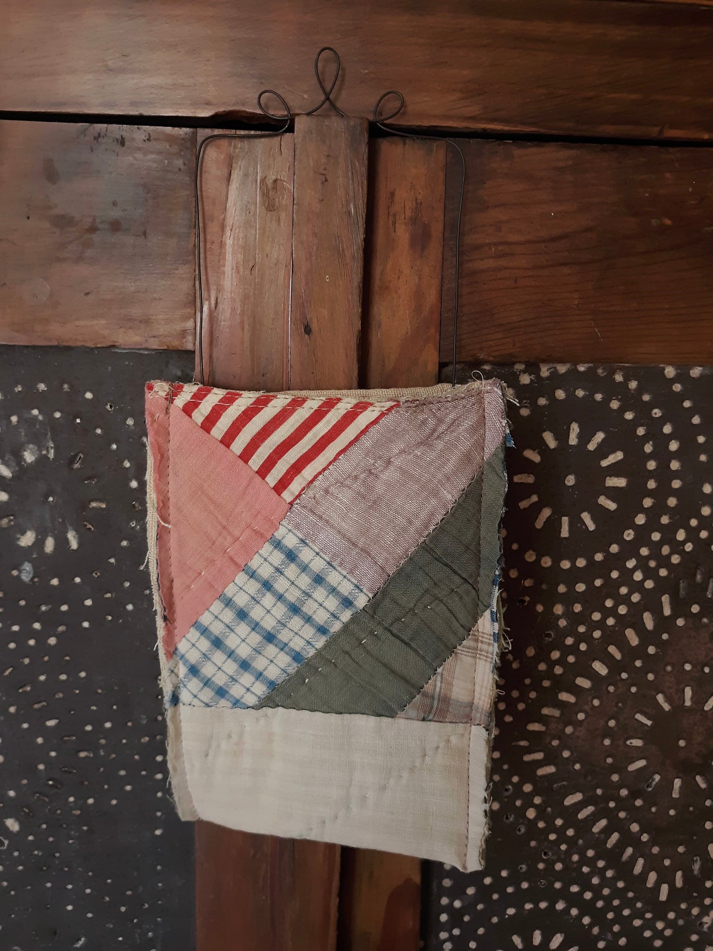 Antique Quilt Ditty Bag with Fancy Wire Handle