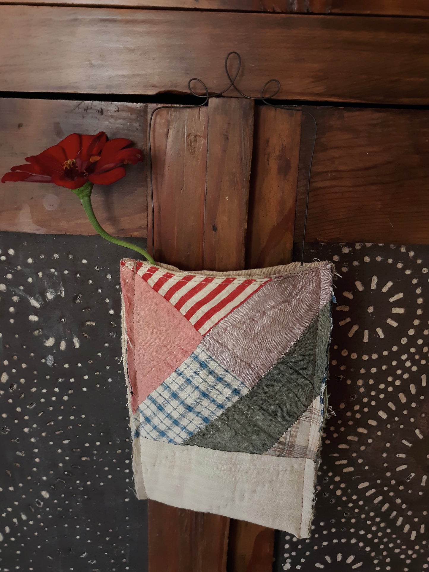 Antique Quilt Ditty Bag with Fancy Wire Handle
