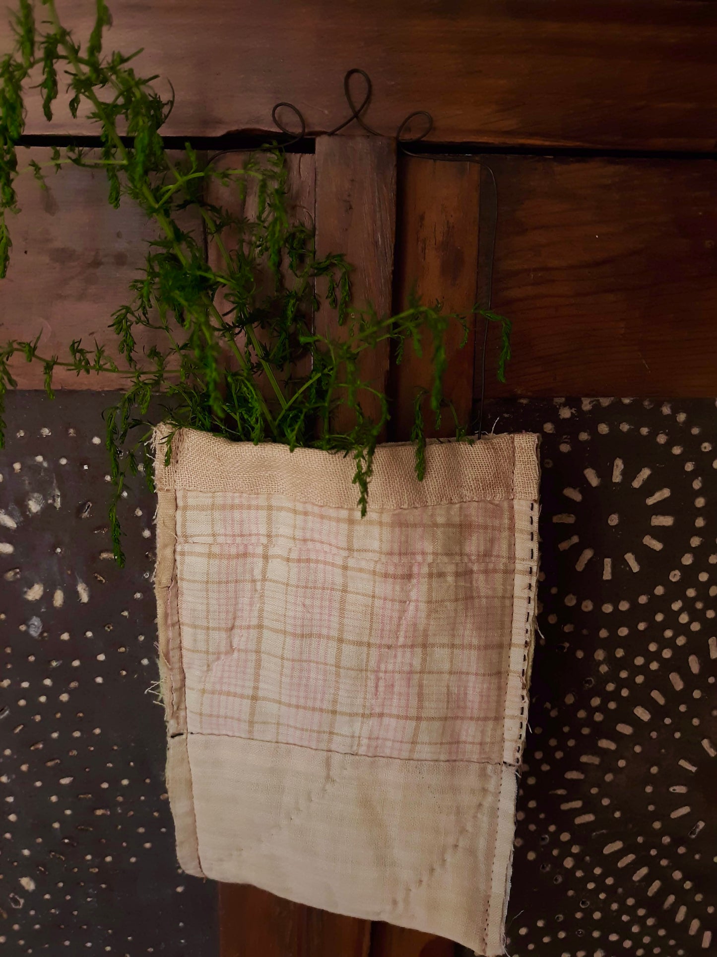 Antique Quilt Ditty Bag with Fancy Wire Handle
