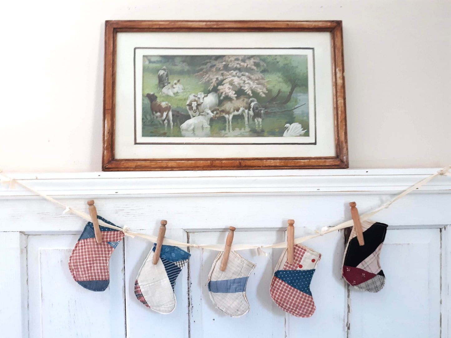 Antique Quilt Stocking Ornaments, Wooden Clothes Pegs, and Knotted Cloth Hanger