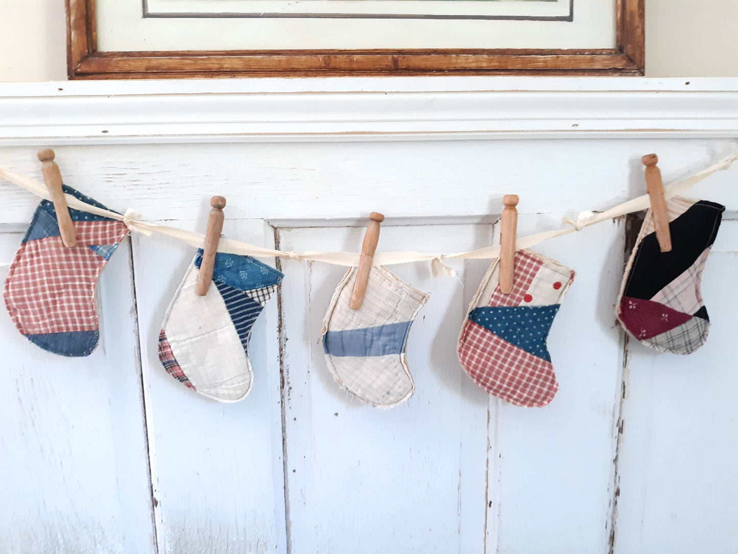 Antique Quilt Stocking Ornaments, Wooden Clothes Pegs, and Knotted Cloth Hanger