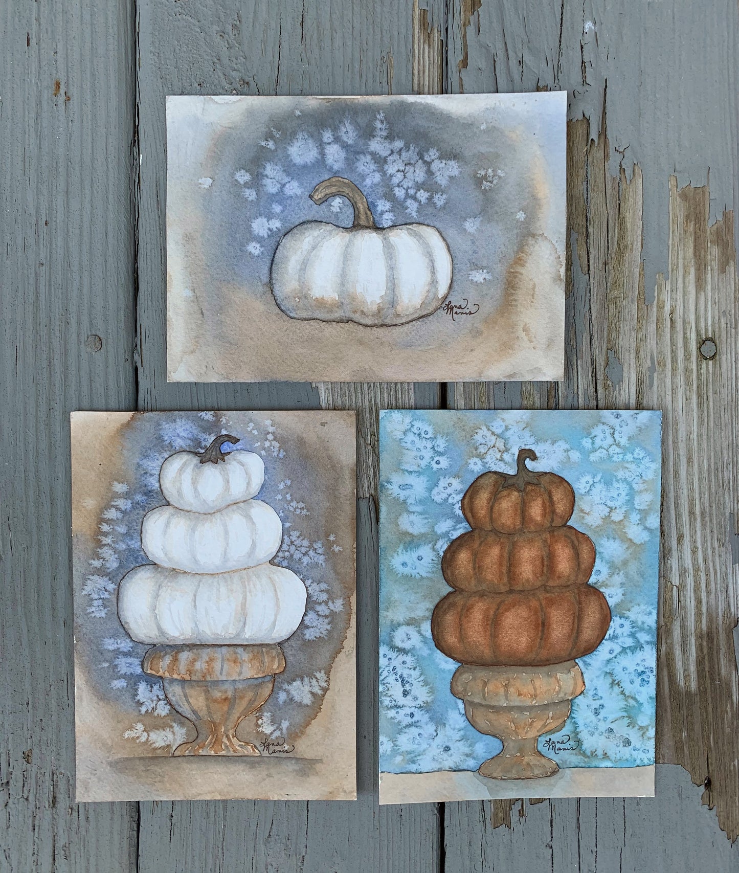 White Lumina Pumpkins in Urn Watercolor