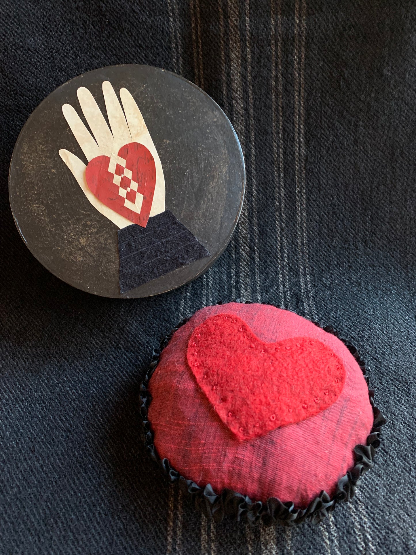 Black Heart in Hand Box with Pincushion