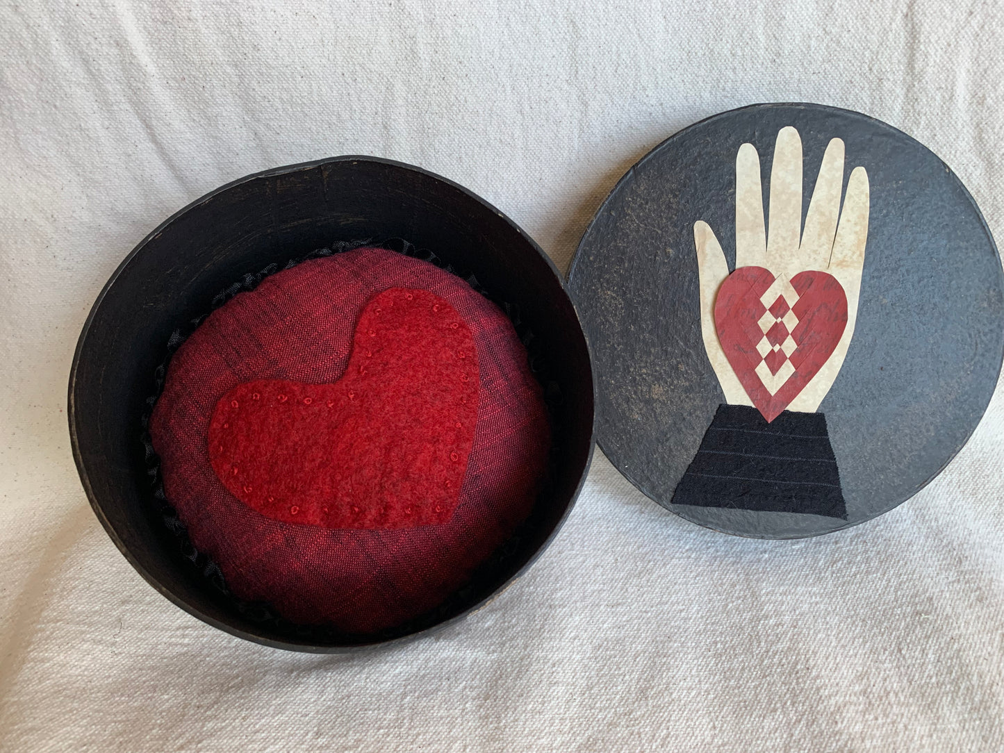 Black Heart in Hand Box with Pincushion