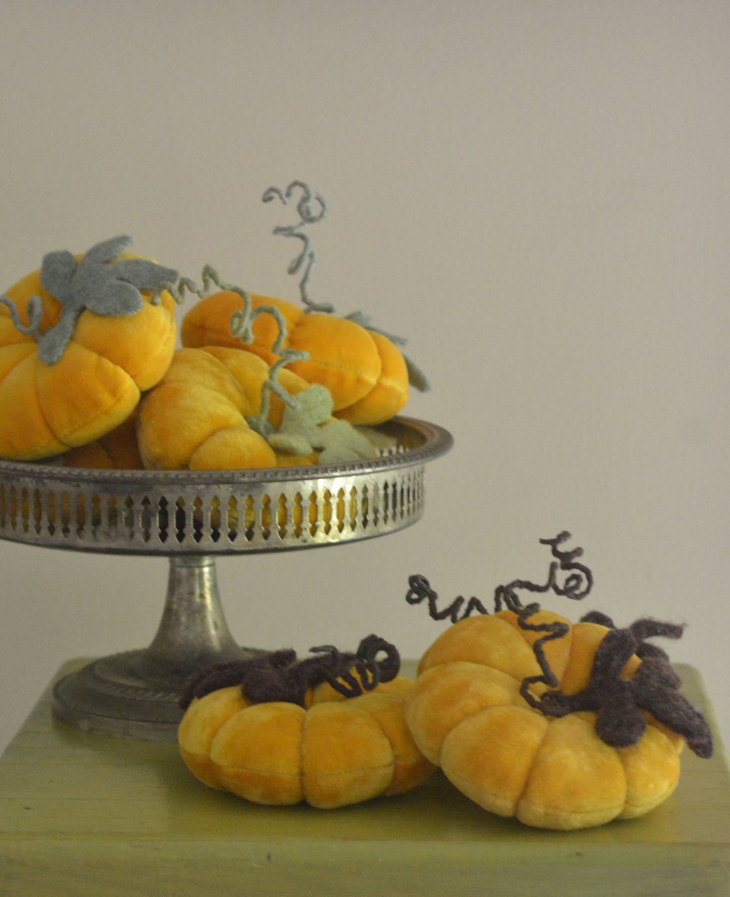 Vintage Velvet Pumpkins - Yellow Gold w/ Dark Brown