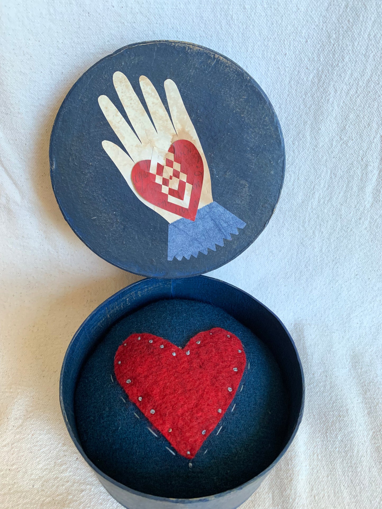 Blue Heart in Hand Box with Pincushion
