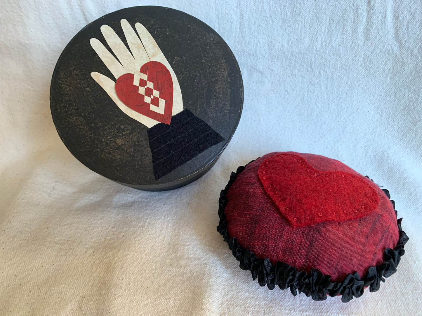 Black Heart in Hand Box with Pincushion