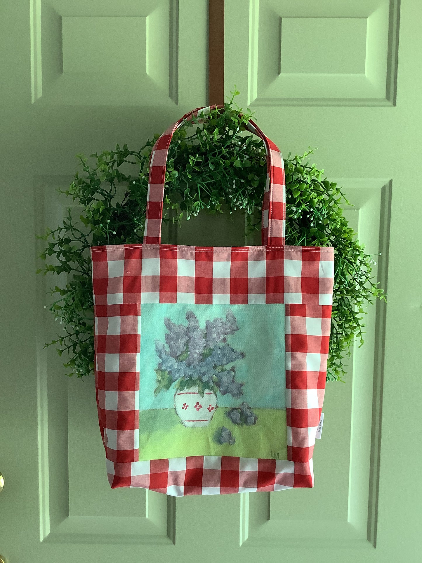 Lilacs & Gingham Floral Market Tote Bag