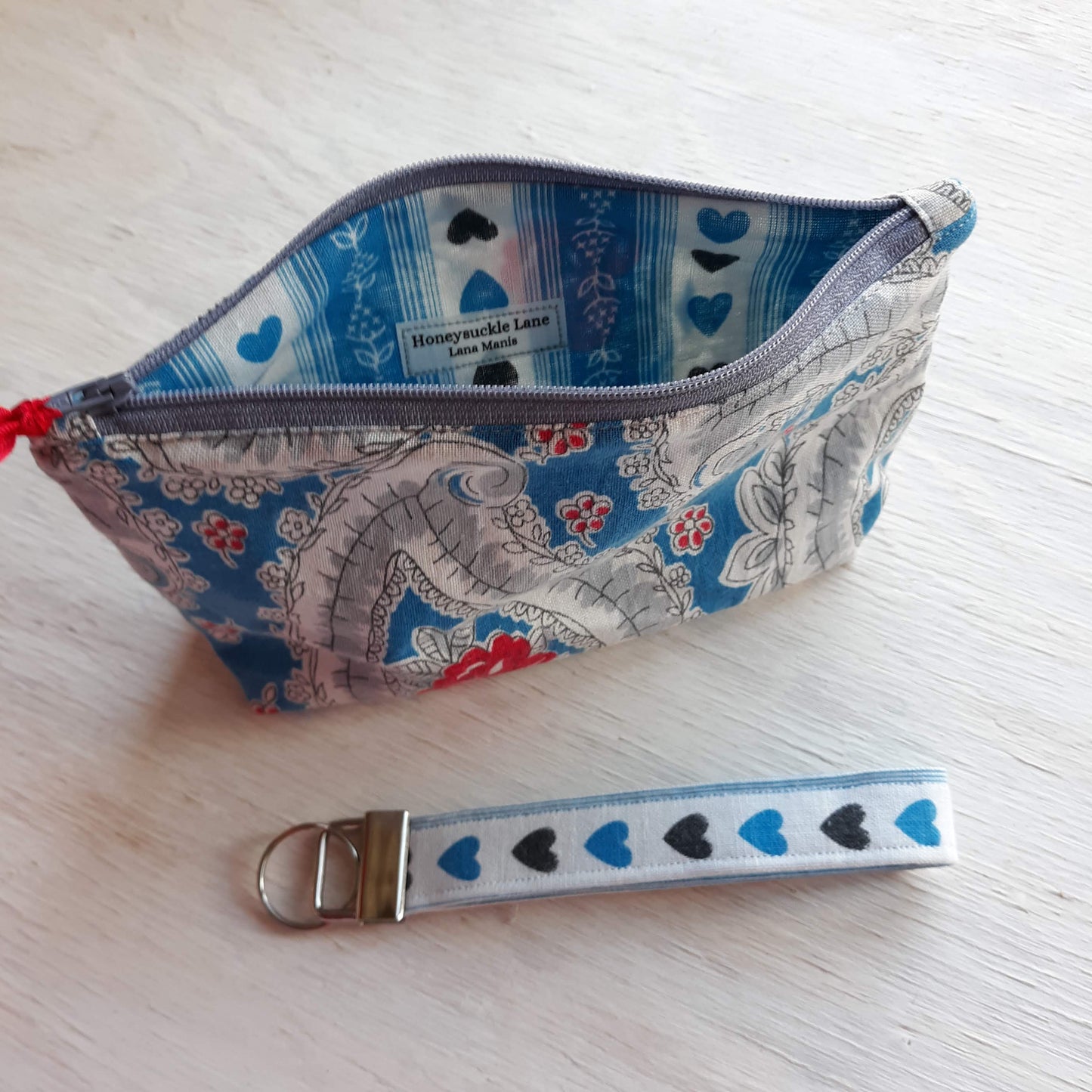 Vintage Feedsack Zipper Pouch with optional Key Fob