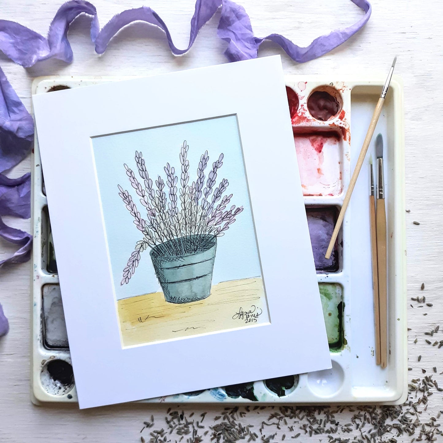Lavender in Aqua Bucket Watercolor Painting