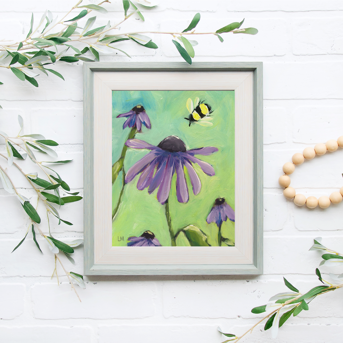 Coneflowers & Bumblebees Art Print