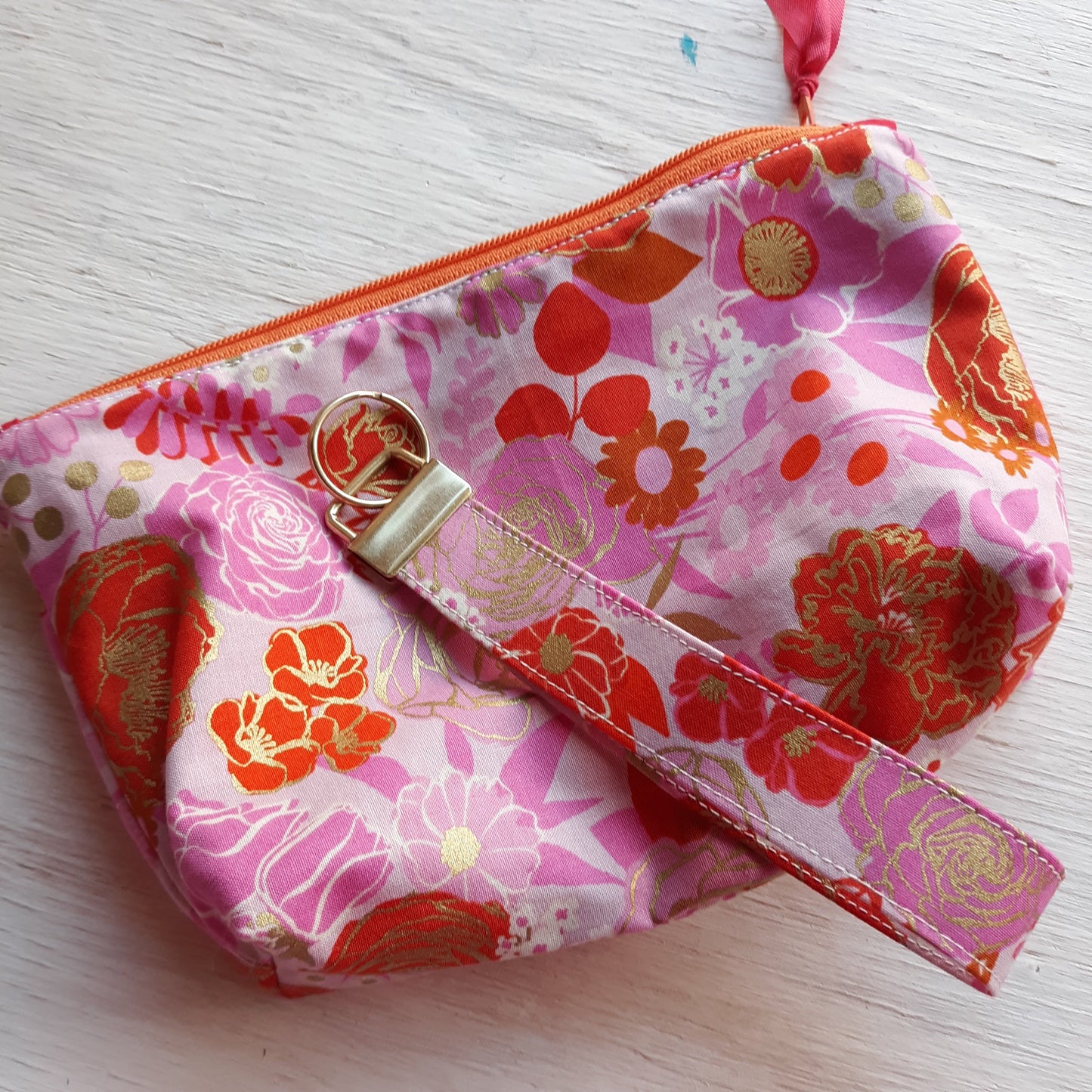 Metallic Peony Zipper Pouch with optional Key Fob