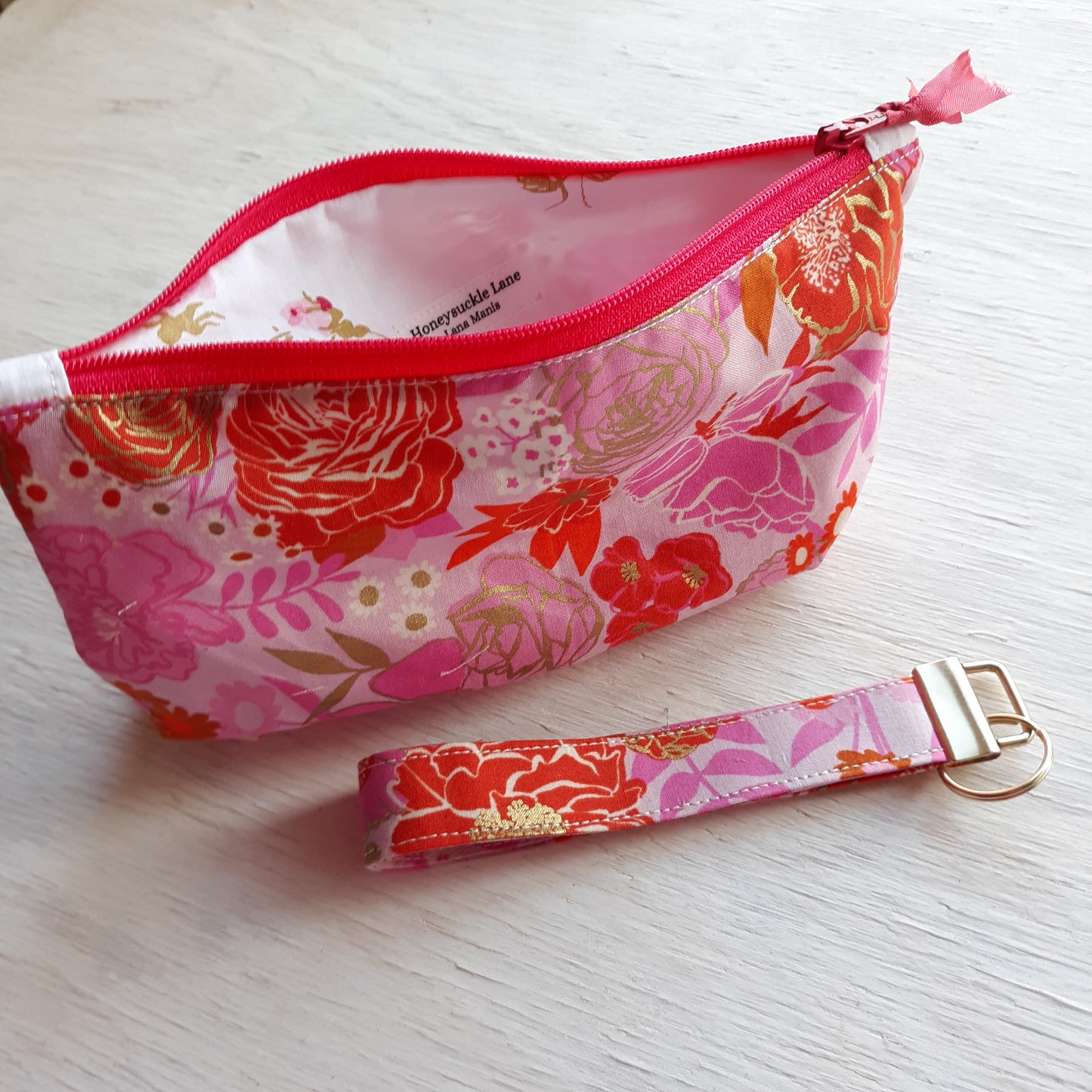 Metallic Peony Zipper Pouch with optional Key Fob