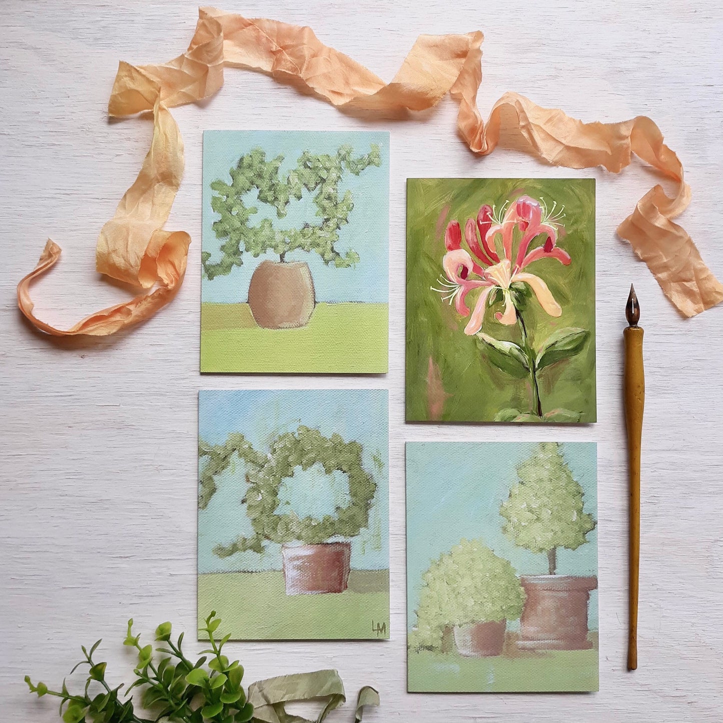 Honeysuckle and Topiaries Folded Notecards