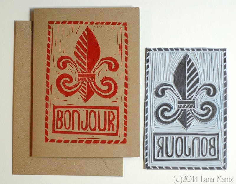 BONJOUR Block Print Card - Set of 4