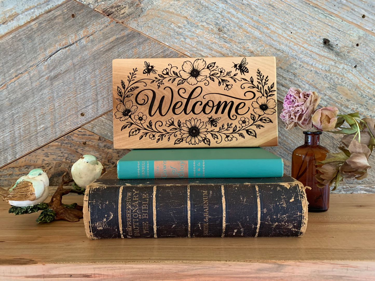 Floral and Honeybee Engraved Wooden Sign