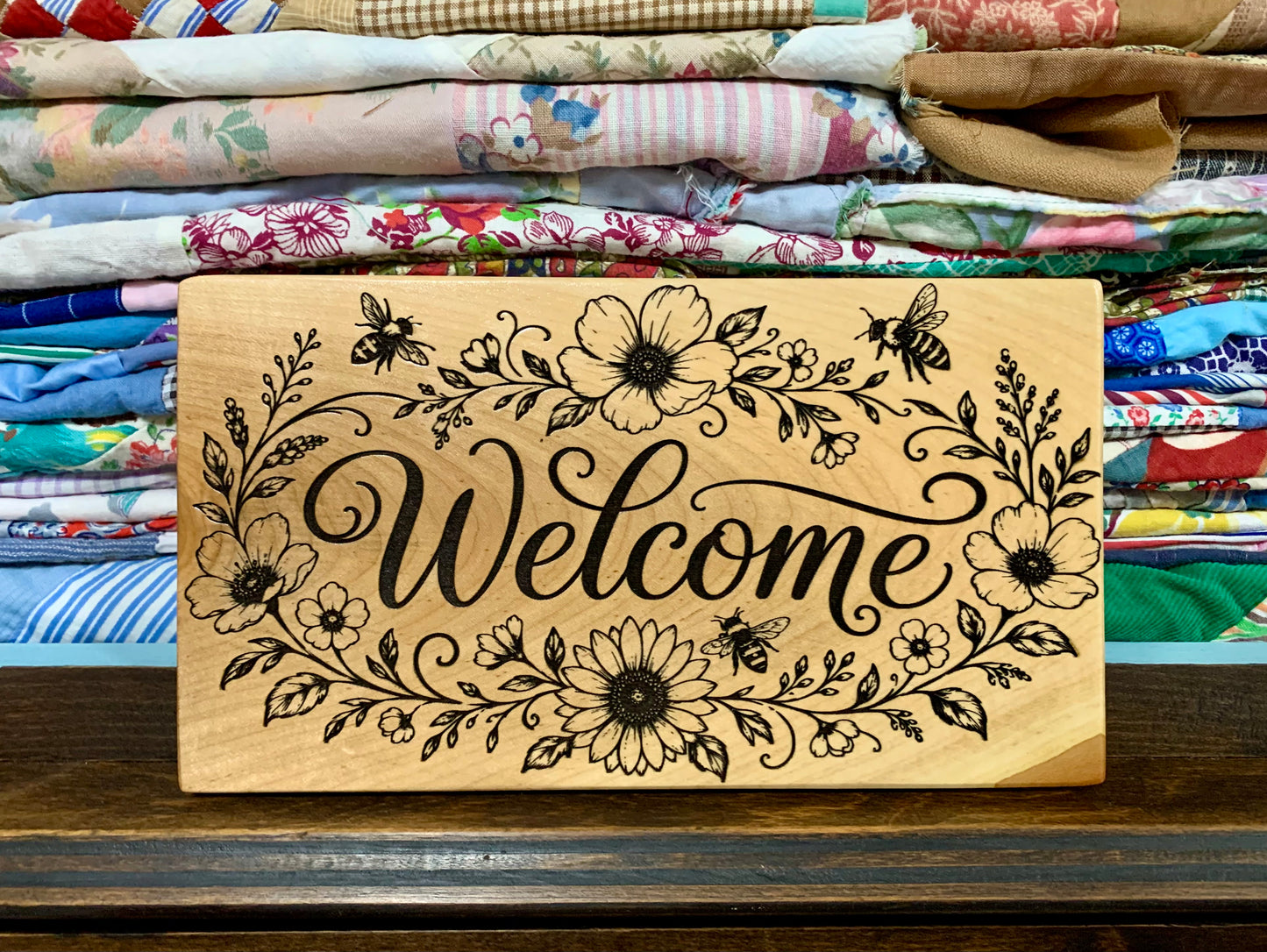 Floral and Honeybee Engraved Wooden Sign