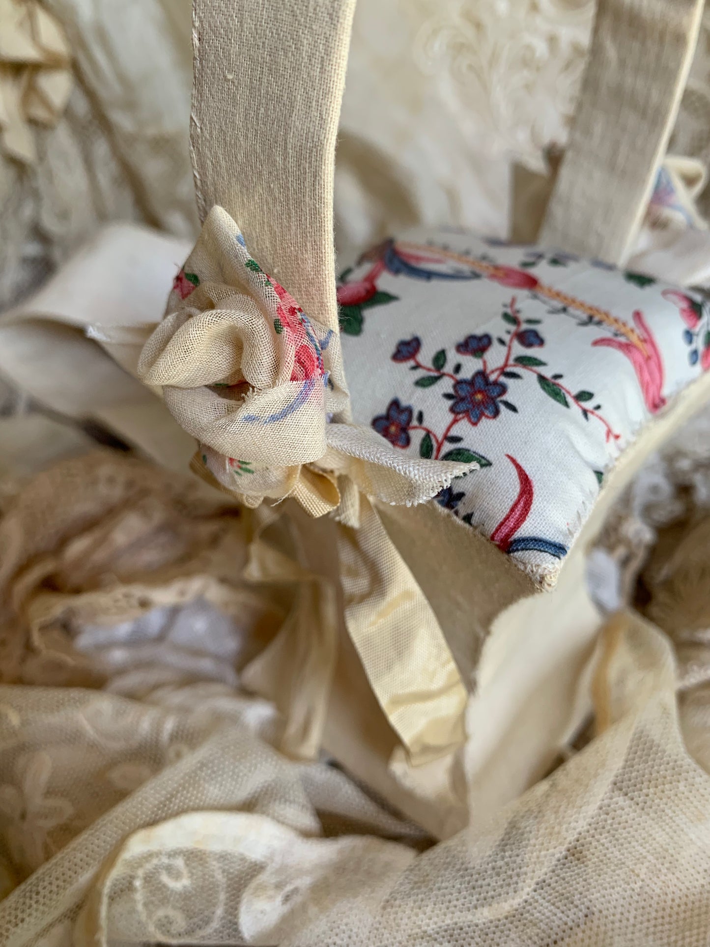 French Bird and Floral Basket Pincushion