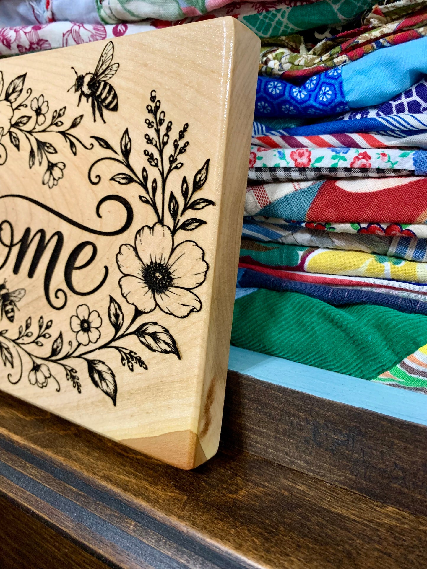 Floral and Honeybee Engraved Wooden Sign