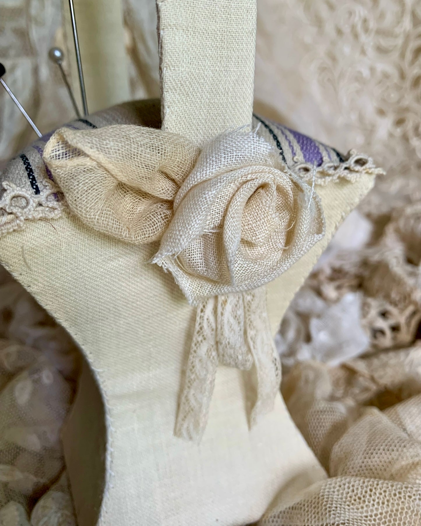 French Ticking Basket Pincushion