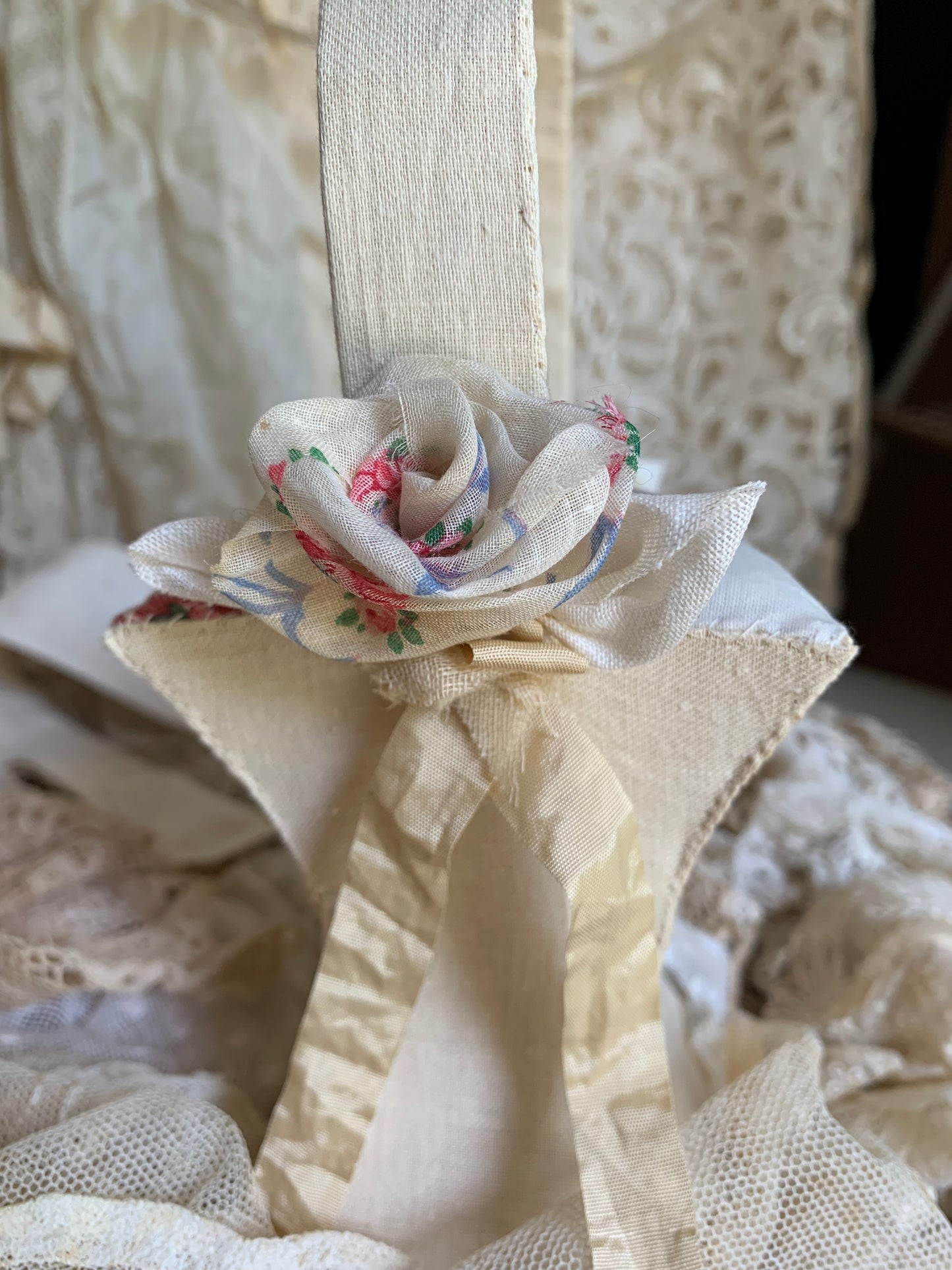 French Bird and Floral Basket Pincushion