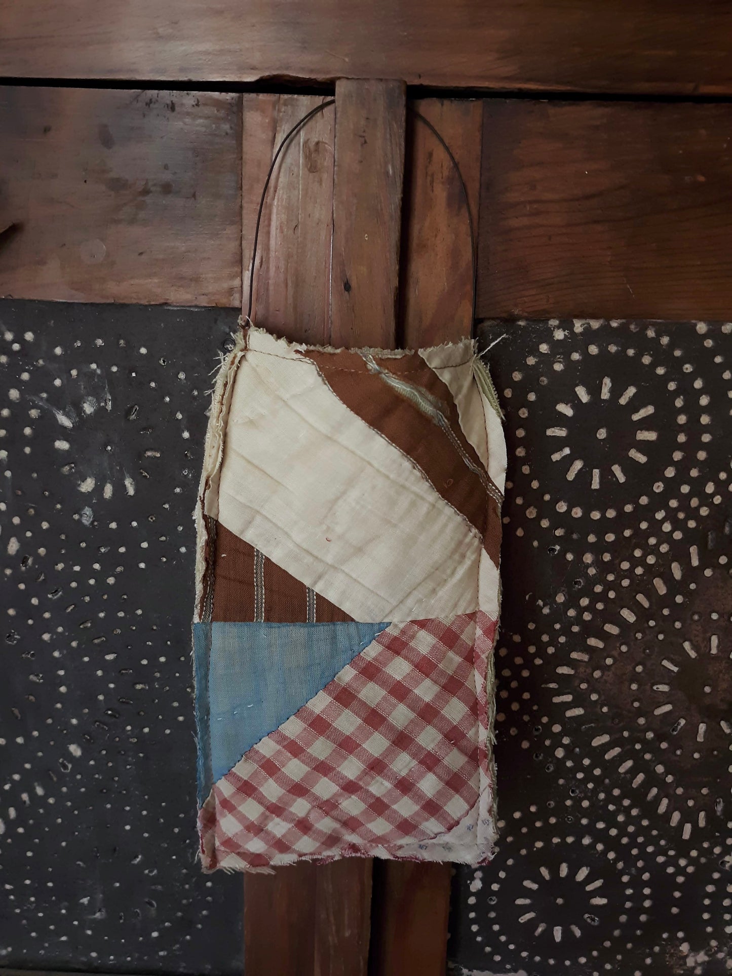 Antique Quilt Ditty Bag with Wire Handle