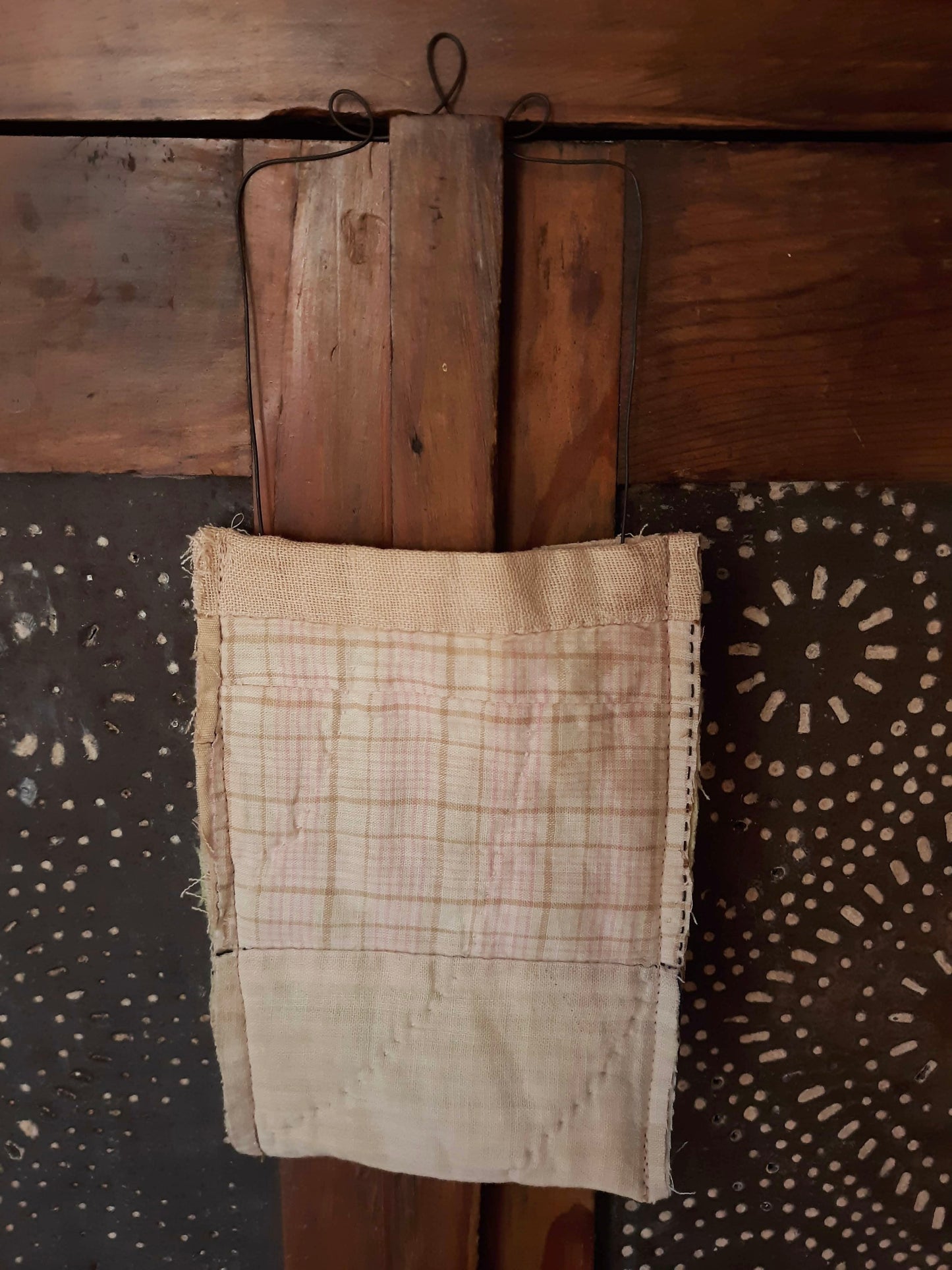 Antique Quilt Ditty Bag with Fancy Wire Handle