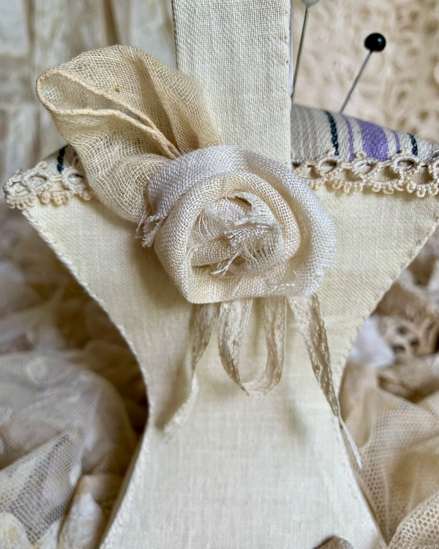 French Ticking Basket Pincushion