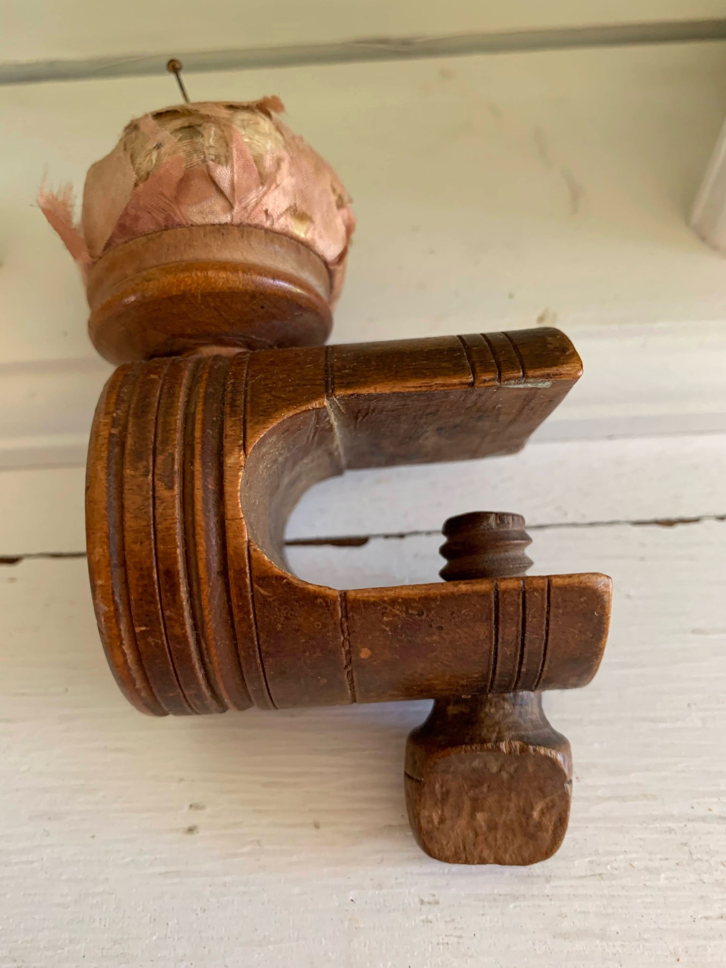 Antique Wood & Silk Sewing Clamp