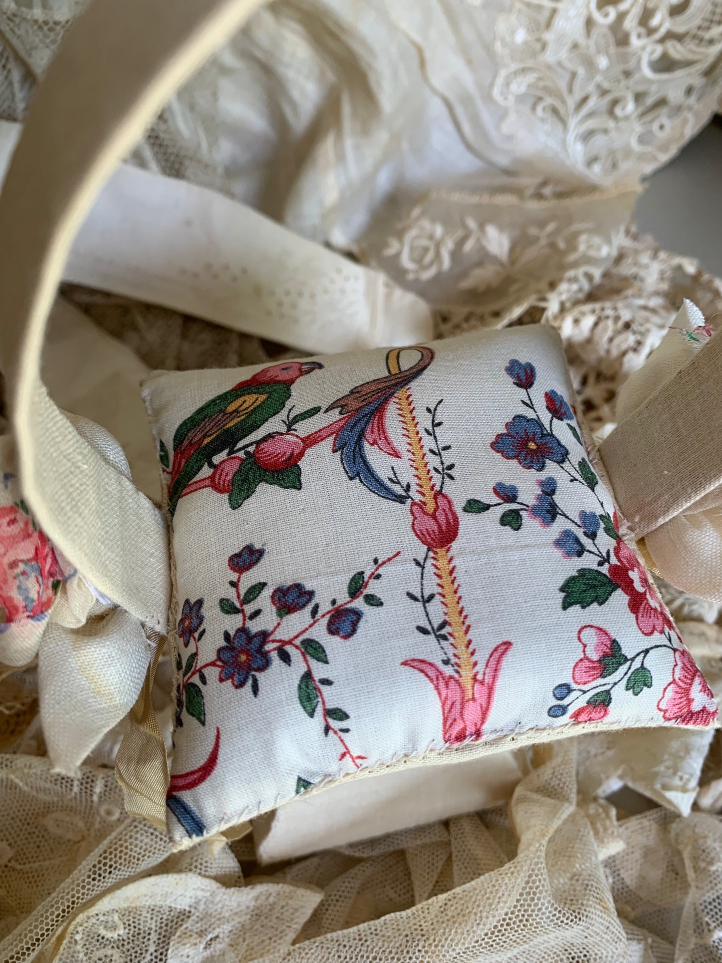 French Bird and Floral Basket Pincushion