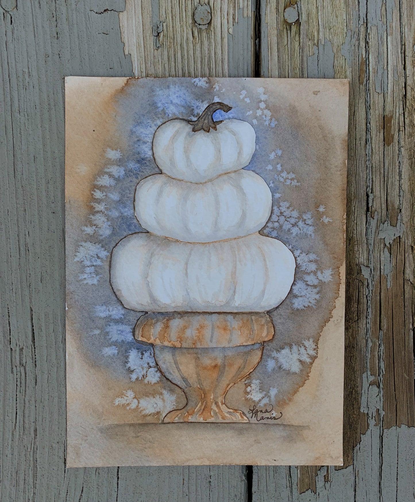 White Lumina Pumpkins in Urn Watercolor