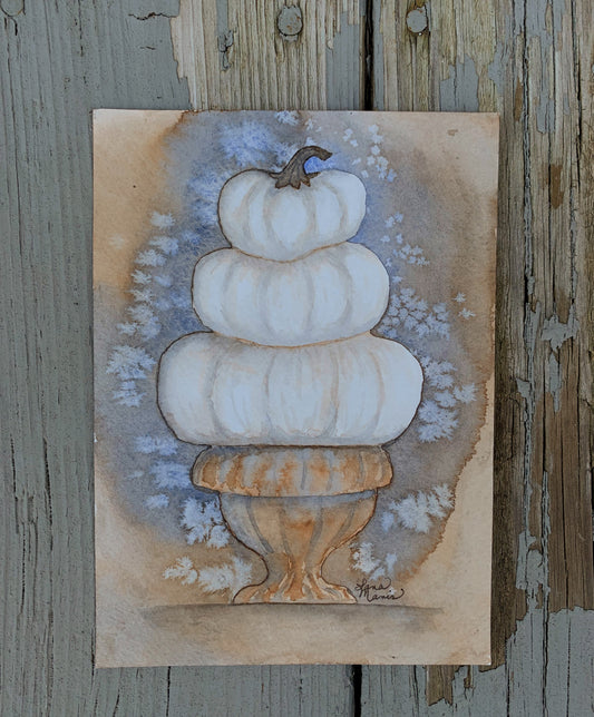 White Lumina Pumpkins in Urn Watercolor