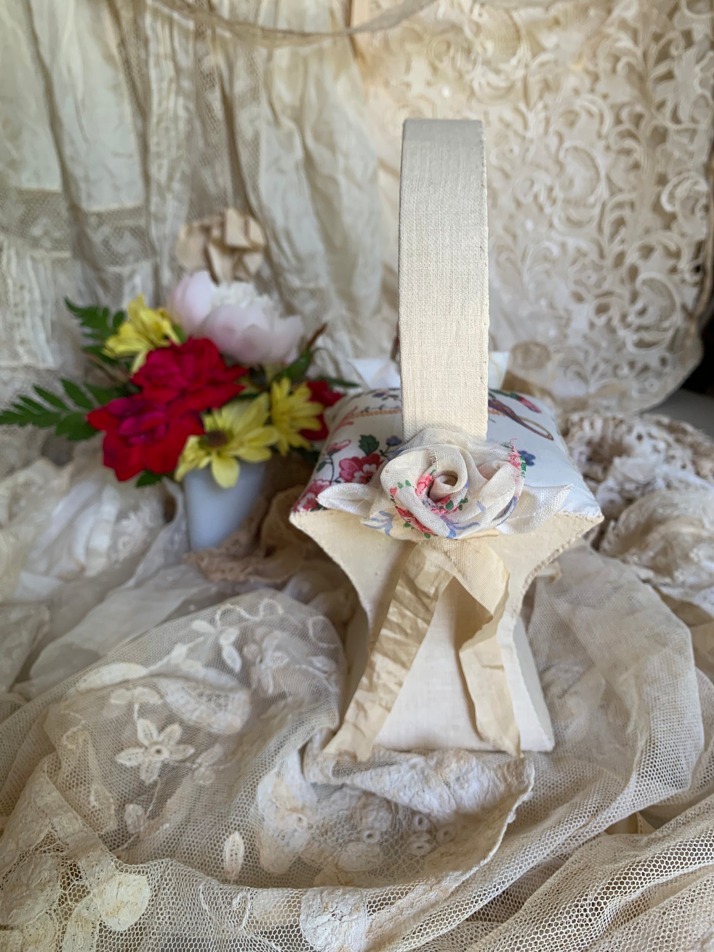 French Bird and Floral Basket Pincushion