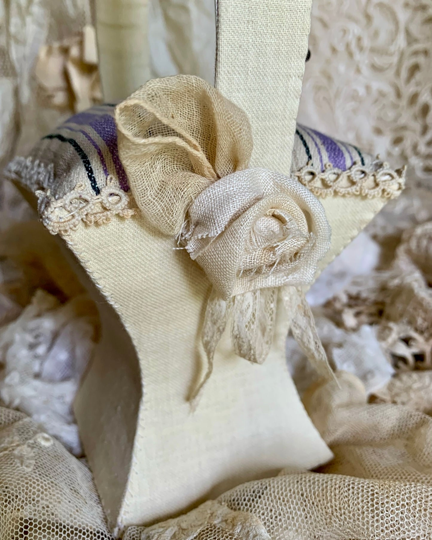 French Ticking Basket Pincushion