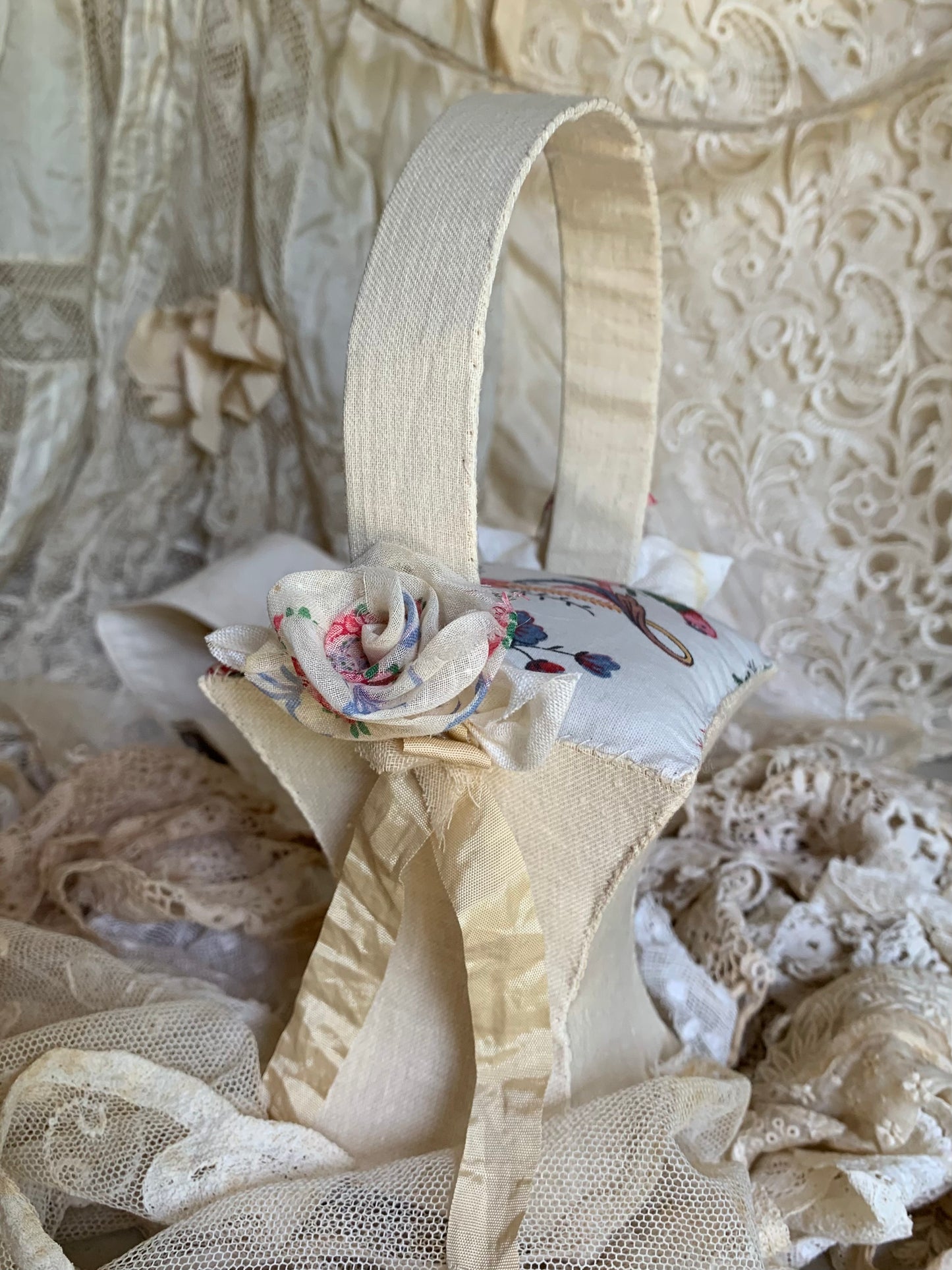 French Bird and Floral Basket Pincushion