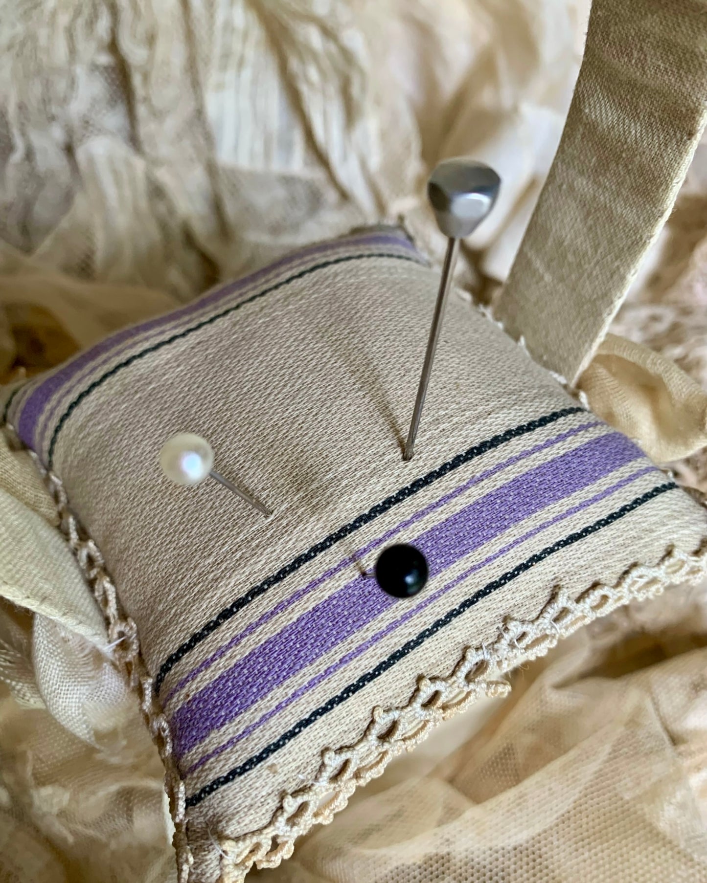 French Ticking Basket Pincushion