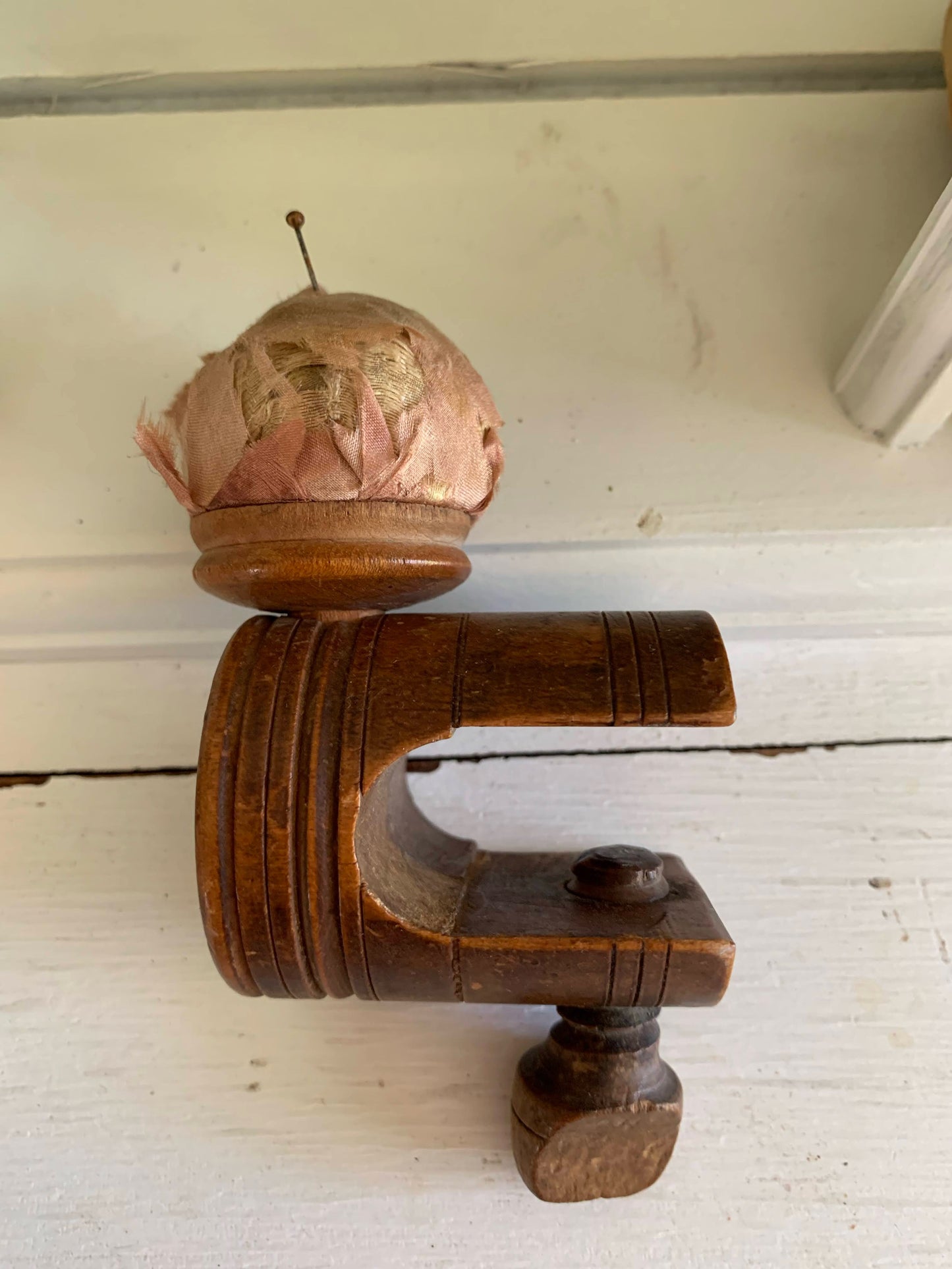 Antique Wood & Silk Sewing Clamp