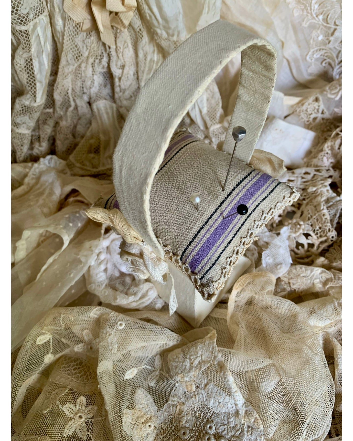 French Ticking Basket Pincushion