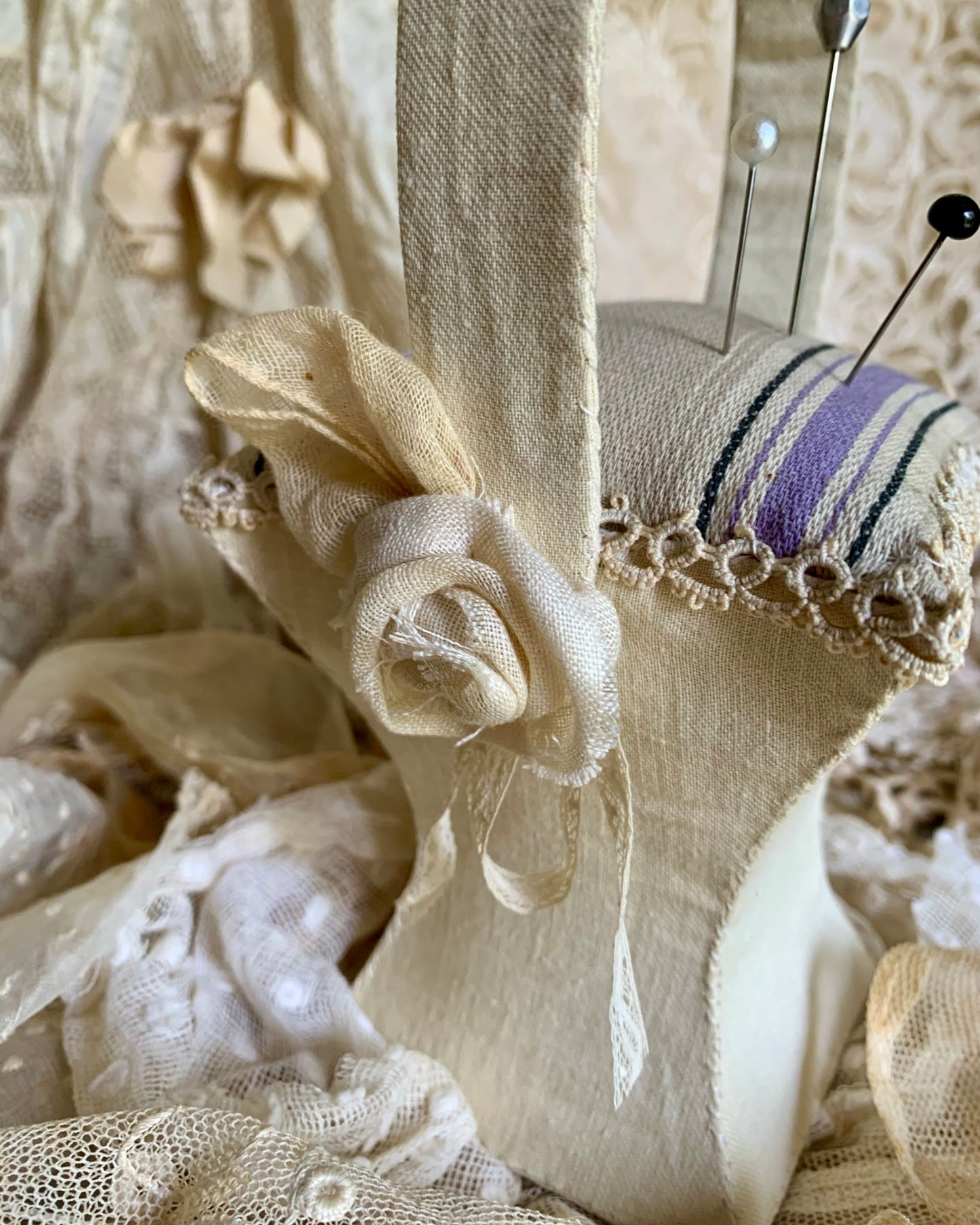 French Ticking Basket Pincushion