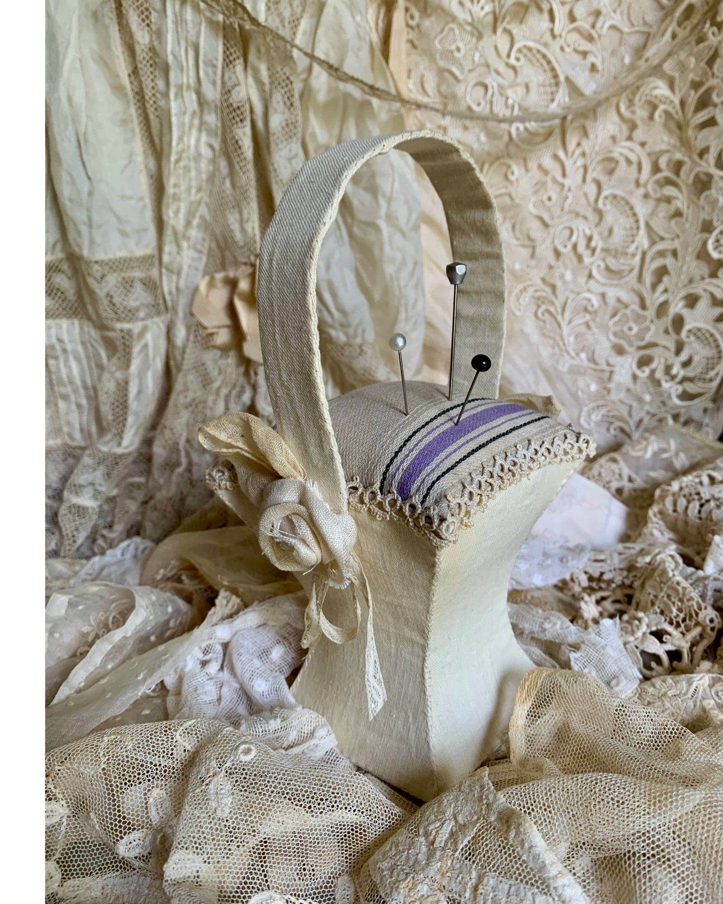 French Ticking Basket Pincushion