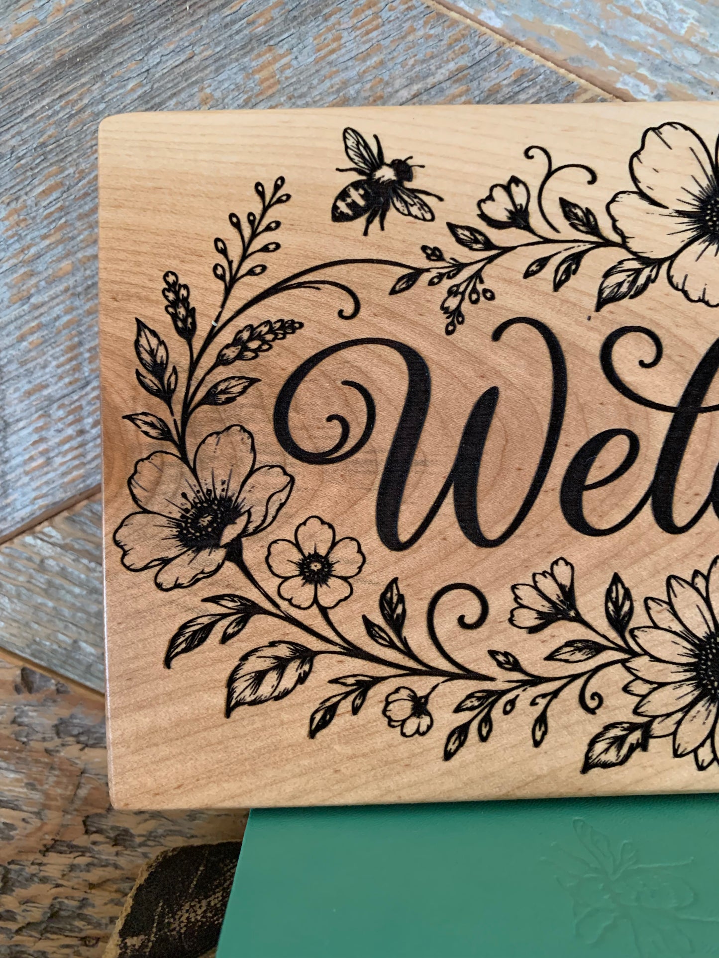 Floral and Honeybee Engraved Wooden Sign