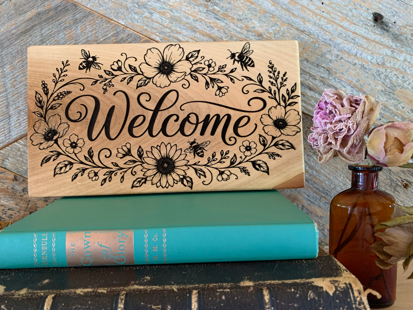 Floral and Honeybee Engraved Wooden Sign