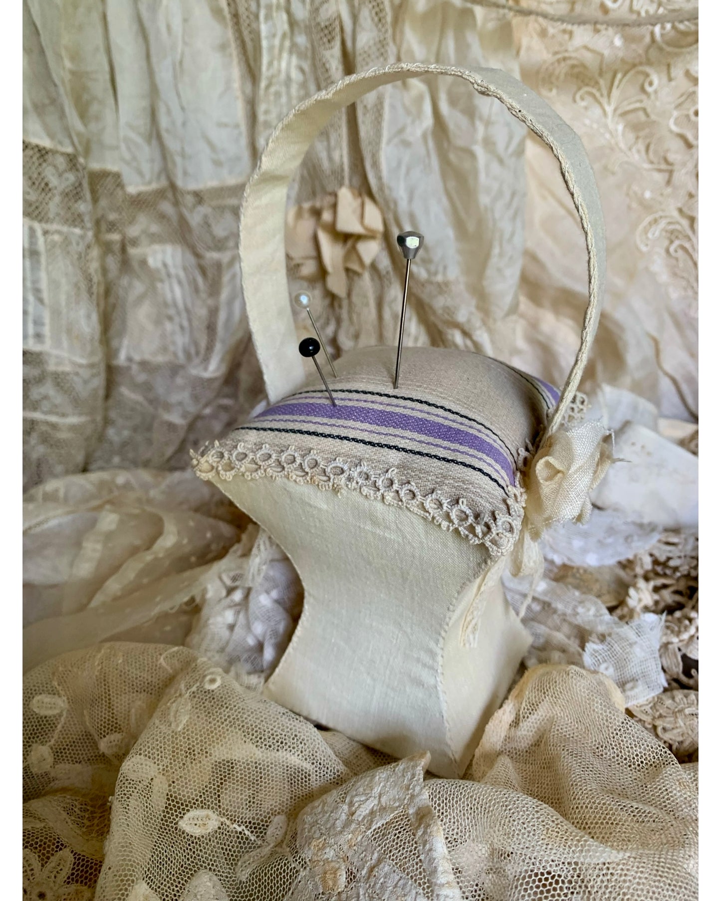 French Ticking Basket Pincushion
