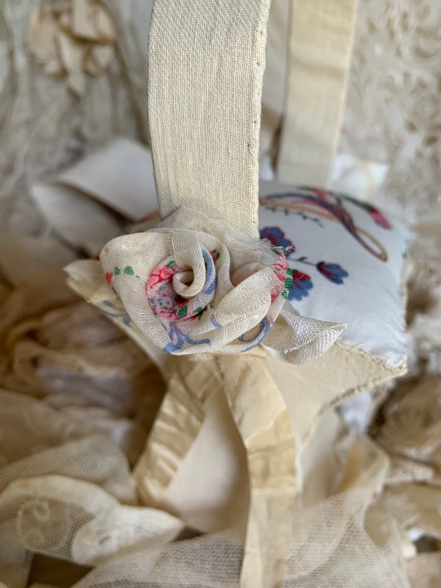French Bird and Floral Basket Pincushion