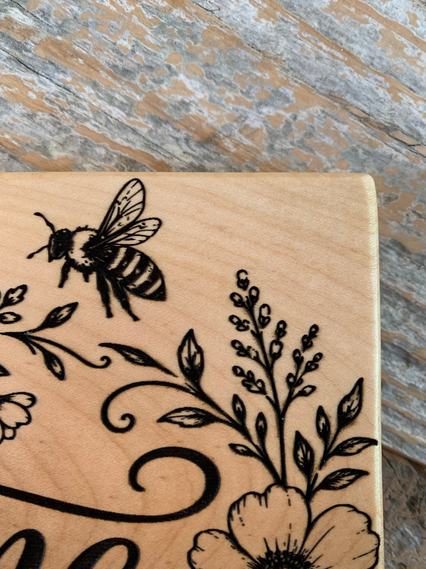 Floral and Honeybee Engraved Wooden Sign