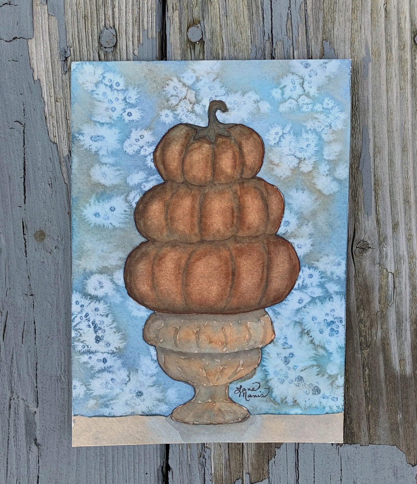 Rusty Orange Pumpkins in Urn Watercolor